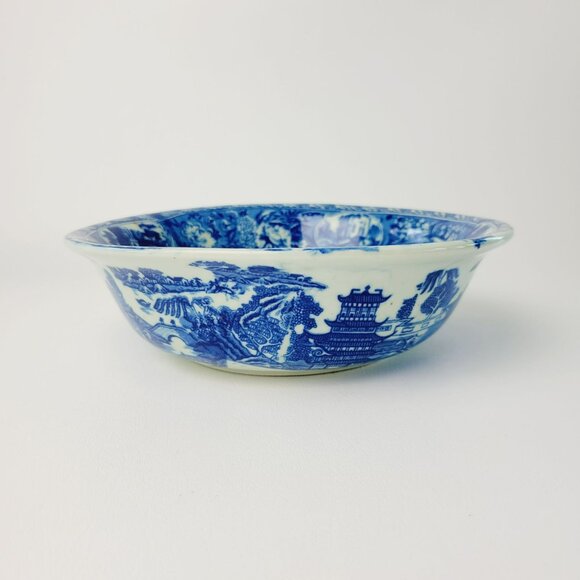 Vintage Blue & White VictorianWare Ironstone Bowl Chinoiserie Pagoda Blue Willow - Picture 3 of 15